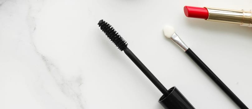 Make-up and cosmetics on marble, flatlay - modern feminine lifestyle, vlog background and styled stock concept. Beauty inspiration in a fashion blog