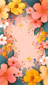 The pink background is adorned with delicate flowers and leaves in shades of orange, yellow, and pink. The light reflects off the petals, creating a beautiful textile of colors