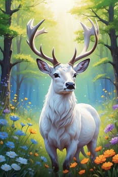 Digital painting of a white deer in a forest with wildflowers. Generative AI.