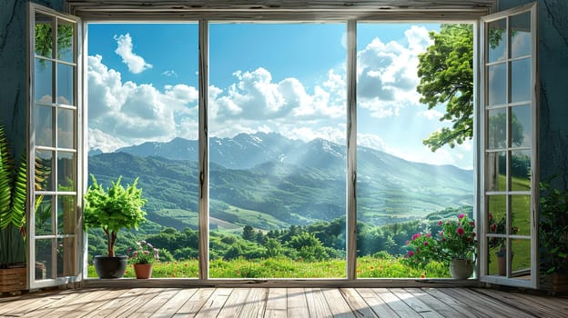 Interior of a room with a panoramic window and mountain views.