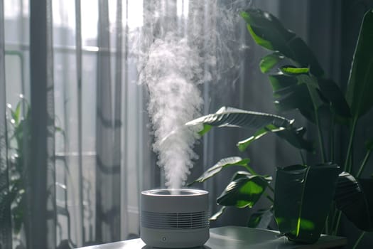 The humidifier works in the room in front of the window with a flower.