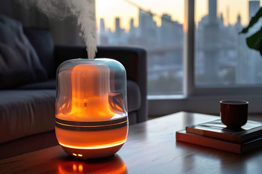 An air humidifier with neon lighting releases steam in the apartment in the evening.