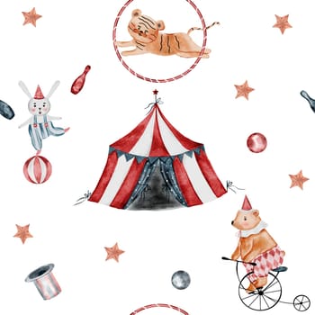 Circus watercolor pattern. Seamless vintage hand drawn pattern of cute animals, bear on a bicycle, bunny on a ball and jumping tiger. Ideal baby pattern for textiles and decoration of children's rooms. High quality illustration