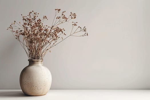 Bouquet of dried flowers in a clay vase on a white background.