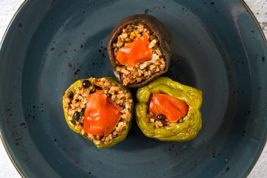 Stuffed green bell pepper and eggplant with olive oil on stone table