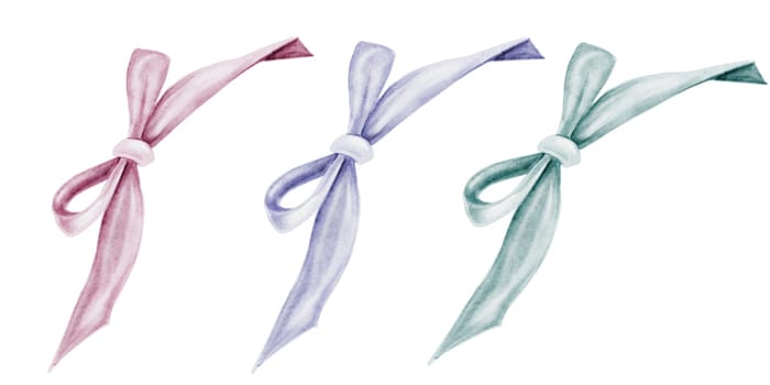 Bow watercolor set. Knotted thin ribbon in vintage style. Pink, blue and green colors. For designing cards and invitations for weddings and Valentine's Day, birthday and baby shower. High quality photo