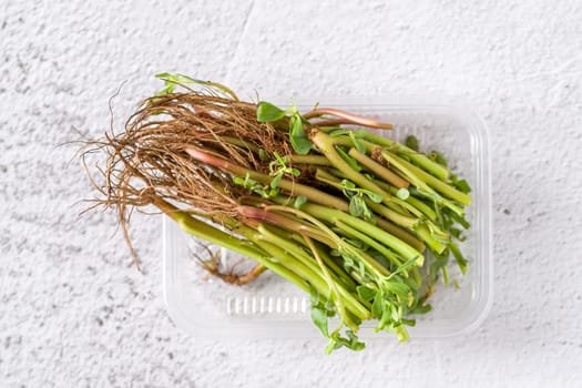 Natural purslane stems and grounded roots on white stone table