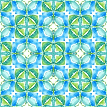 Ikat repeating swimwear design. Green glamorous boho chic summer design. Textile ready stunning print, swimwear fabric, wallpaper, wrapping. Watercolor ikat repeating tile border.