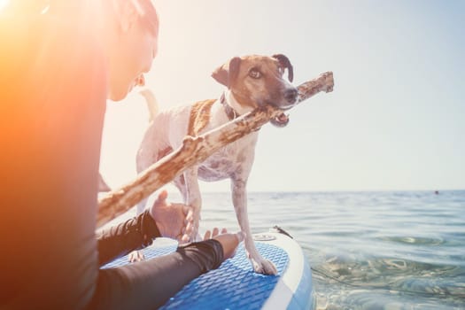 Sea woman sup. A happy positive woman in hat with family relaxing in sea, aerial back view of family on SUP board floating on calm water. Active lifestyle at sea. Summer vacation. Slow motion