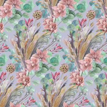 watercolor seamless pattern with wild field dry flowers and orchid in boho style for textiles and surface design