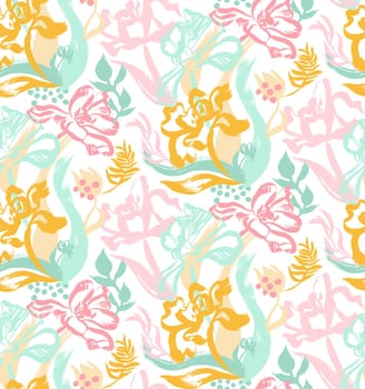 floral pattern with open tulips painted in gouache with a free brush for the design of fabrics on white background in an artistic manner