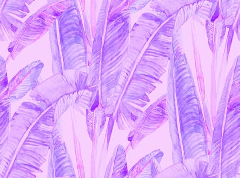 seamless monochrome pattern with watercolor banana palms in purple hues on a lilac background