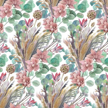 vintage style pattern painted in watercolor with dried flowers and chrysanthemum