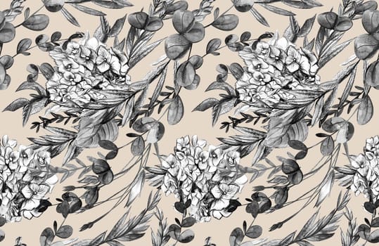 Summer pattern with hydrangea flowers drawn in pencil and watercolor for textiles and design