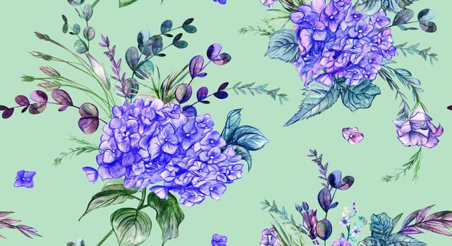 Summer watercolor seamless pattern with bright hydrangeas on a delicate green background. Botanical motif for textile and surface design