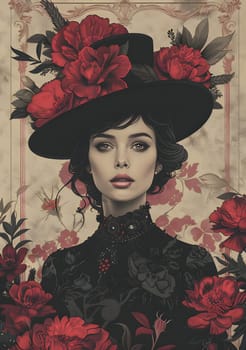 A woman is wearing a costume hat featuring black with red flowers, resembling a fine piece of art. The creative use of flowers adds beauty to the hat