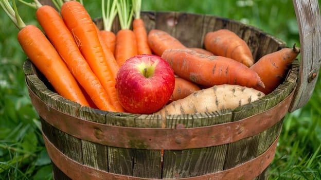 Wooden box with carrots and apples. High quality