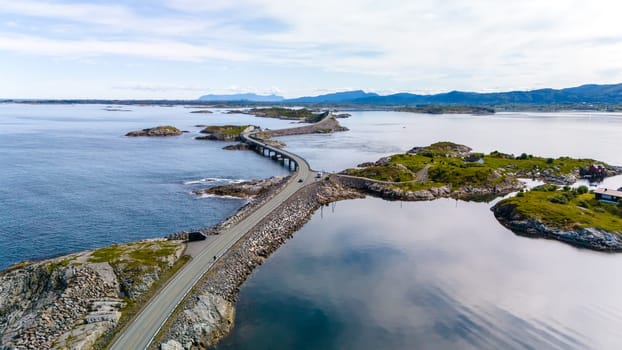 An aerial view of the Atlantic Road in Norway, a scenic bridge connecting islands in the Norwegian Sea.