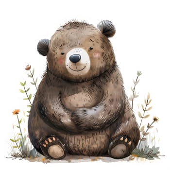 A brown bear, a carnivorous terrestrial animal, is sitting in the grass with its arms crossed. It is a grizzly bear, similar to a Kodiak bear, near water