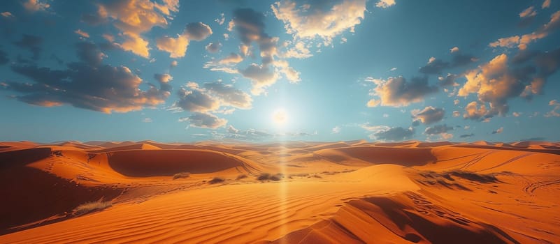 The vast, golden sands of the Sahara Desert stretch out under a brilliant blue sky, dotted with fluffy white clouds. The sun shines brightly, casting a warm glow across the landscape.