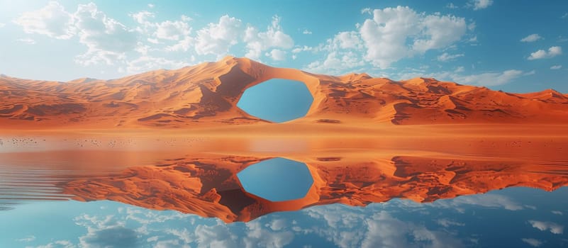A serene scene of a desert oasis with a unique geological formation. The sky is reflected in a pool of water, surrounded by towering orange sand dunes. A large, circular hole in the sand dunes, shaped like the sky, adds a surreal element to the image.