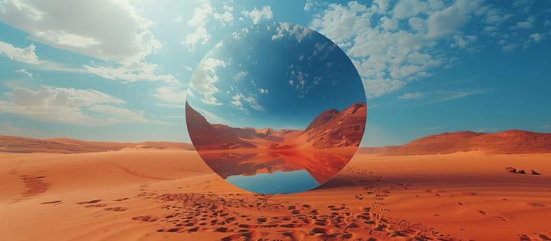 A large, round, reflective sphere sits on the sand in a vast desert landscape. The sphere reflects the bright, blue sky, white clouds, and red, sandy hills behind it. Footprints lead up to the sphere, suggesting that someone recently visited the site.