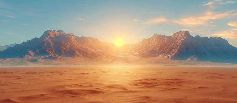 A wide shot of a vast, flat desert landscape with a mountain range in the distance. The sun is setting behind the mountains, casting a warm glow over the scene. The sky is a blend of blue and orange, with fluffy clouds floating above. The desert floor is covered in sand dunes.