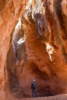 A male hiker stands in awe, gazing at the towering red rock formations of a dry waterfall in Cohab Canyon in Capitol Reef National Park, Utah - USA