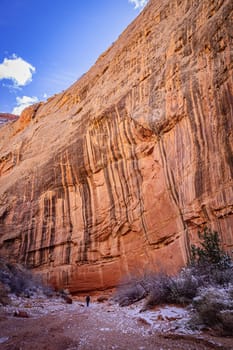 A lone hiker ventures through the snowy terrain of Capitol Reef National Park's Grand Wash, surrounded by stunning, towering sandstone cliffs under a clear blue sky - Utah, USA