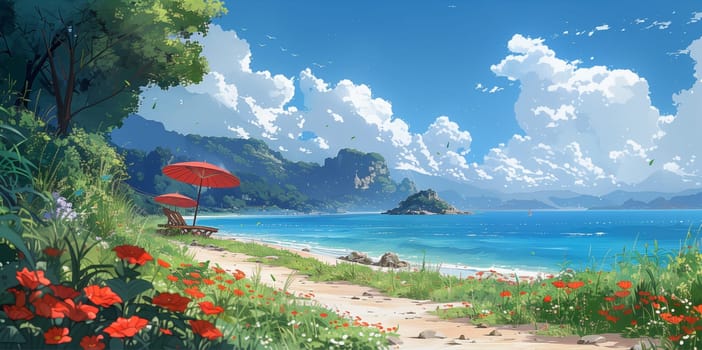 A picturesque scene of a calm beach with lush green foliage, red umbrellas, and a clear blue sky with white fluffy clouds. The beach is sandy and leads to turquoise water, with a small island in the distance. The scene suggests a peaceful and relaxing atmosphere.