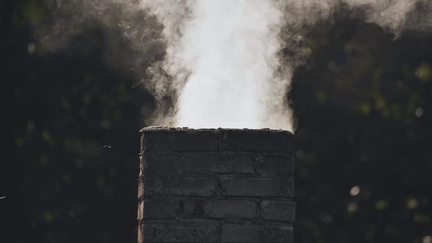 White smoke from the chimney of the village house