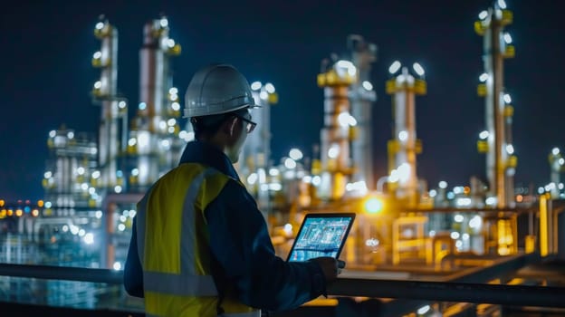 Back view of an asian inspection engineer working with laptop in an oil and gas refinery plant.