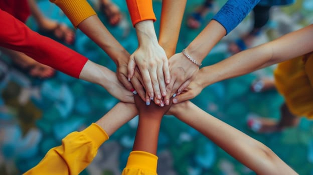 Multiracial people united. Top view of multiethnic people hands showing solidarity and collaboration.