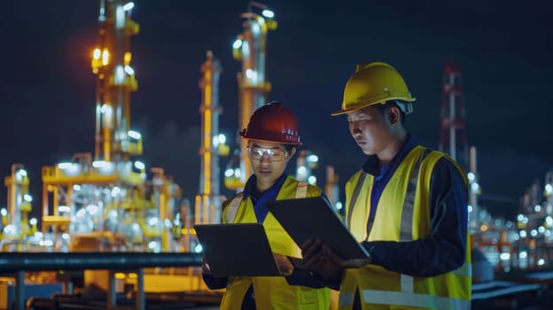 Front view of two asian inspection engineers working with laptop in an oil and gas refinery plant