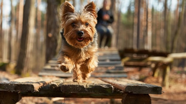 Front view of yorkshire dog enjoying in sunny forest.