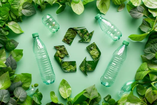 Illustration of recycling concept in green background with leaves , plastic bottles and recycle sign.