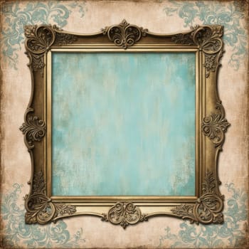 Vintage antique gold frame with wear and imperfections for photos and text . Colored background in Victorian style .