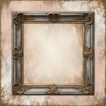 Vintage antique gold frame with wear and imperfections for photos and text . Colored background in Victorian style .