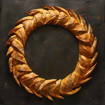 A bread wreath, resembling a piece of jewellery, is placed on a table. This stunning circle of staple food is captured in a still life photography style, resembling a metal fashion accessory