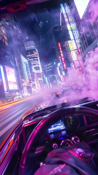 A person is driving a car with purple automotive lighting down a city street at night, the hood of the vehicle is illuminated in a vibrant violet hue