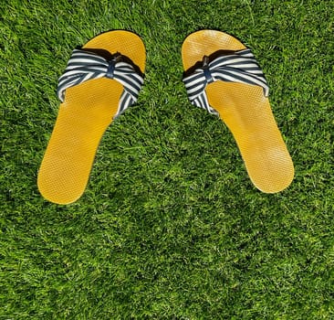 Lady summer sandals isolated on green grass background. Summer vibes with copy space.