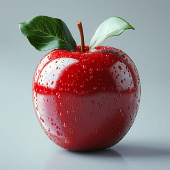 A close-up shot of a red apple with water droplets and green leaves, resting on a gray surface. The apple is shiny and wet, reflecting the light. The leaves are vibrant green and add a touch of freshness to the image.