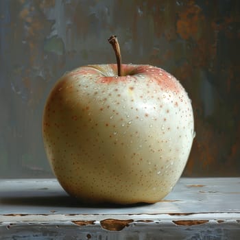 A single, ripe white apple sits on a weathered wooden table. The apple is covered in dewdrops, which give it a glistening appearance. The background is a soft, blurred gray.