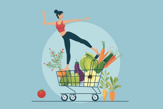 Woman standing on top of shopping cart full of vegetables and fruits in a vibrant farmers market scene