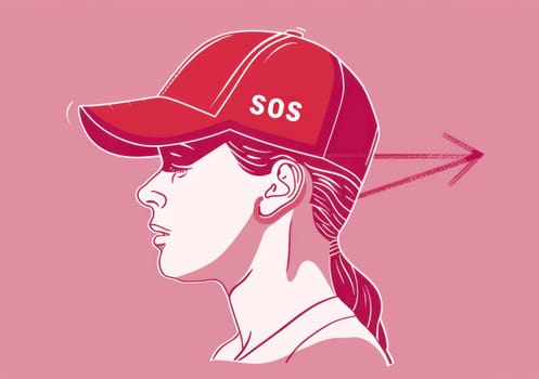 Fashion illustration of a woman wearing sos baseball cap for a stylish outdoor adventure
