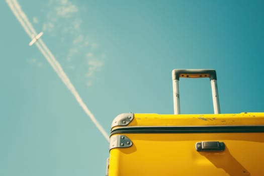 Adventure awaits travel in style with a vibrant yellow suitcase alongside a soaring jet plane explore the world's wonders!