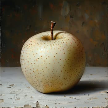 A close-up image of a single white apple with a red-brown stem, resting on a white painted tabletop. The apple has a smooth, shiny texture and is covered in small, red speckles. The background is a blurred, dark brown color, creating a stark contrast with the bright apple. The image is likely a still life painting due to its hyper-realistic details and smooth, untextured surface.
