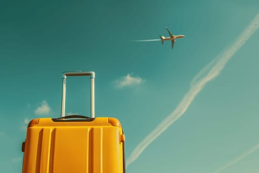 Travel concept image of a suitcase with a plane flying in the sky above it, with a cloud in the background