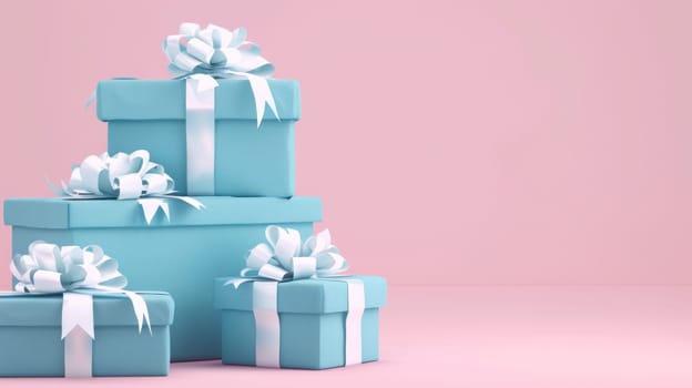 Blue gift boxes with white bows on pink background elegant 3d image of presents for special occasions