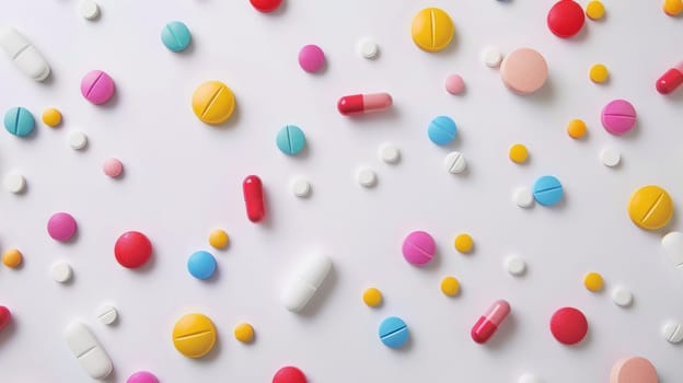 Colorful medication and pills on white surface with space for text and image for medical concept